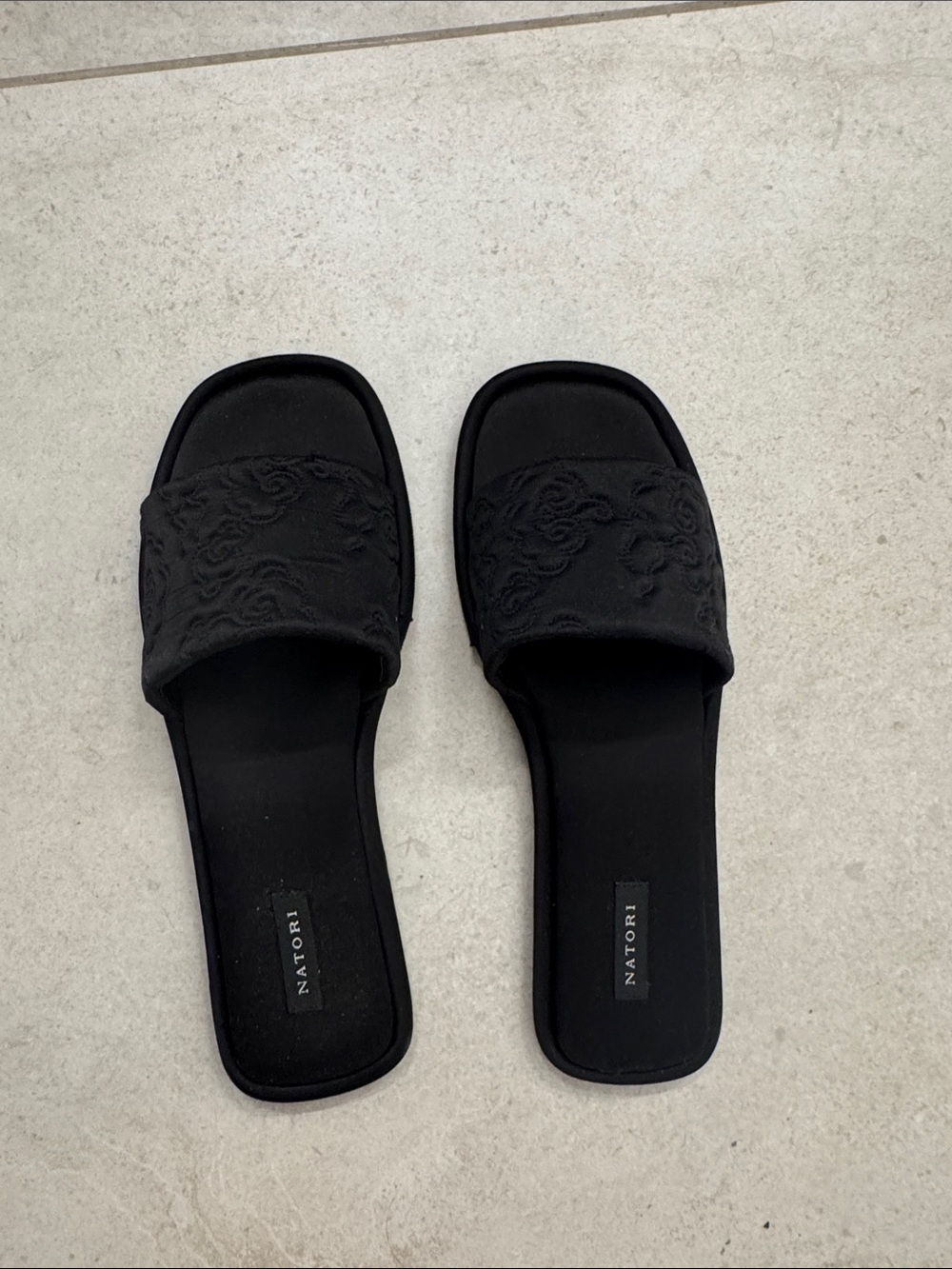 Natori Black Embroidered Slide Sandals